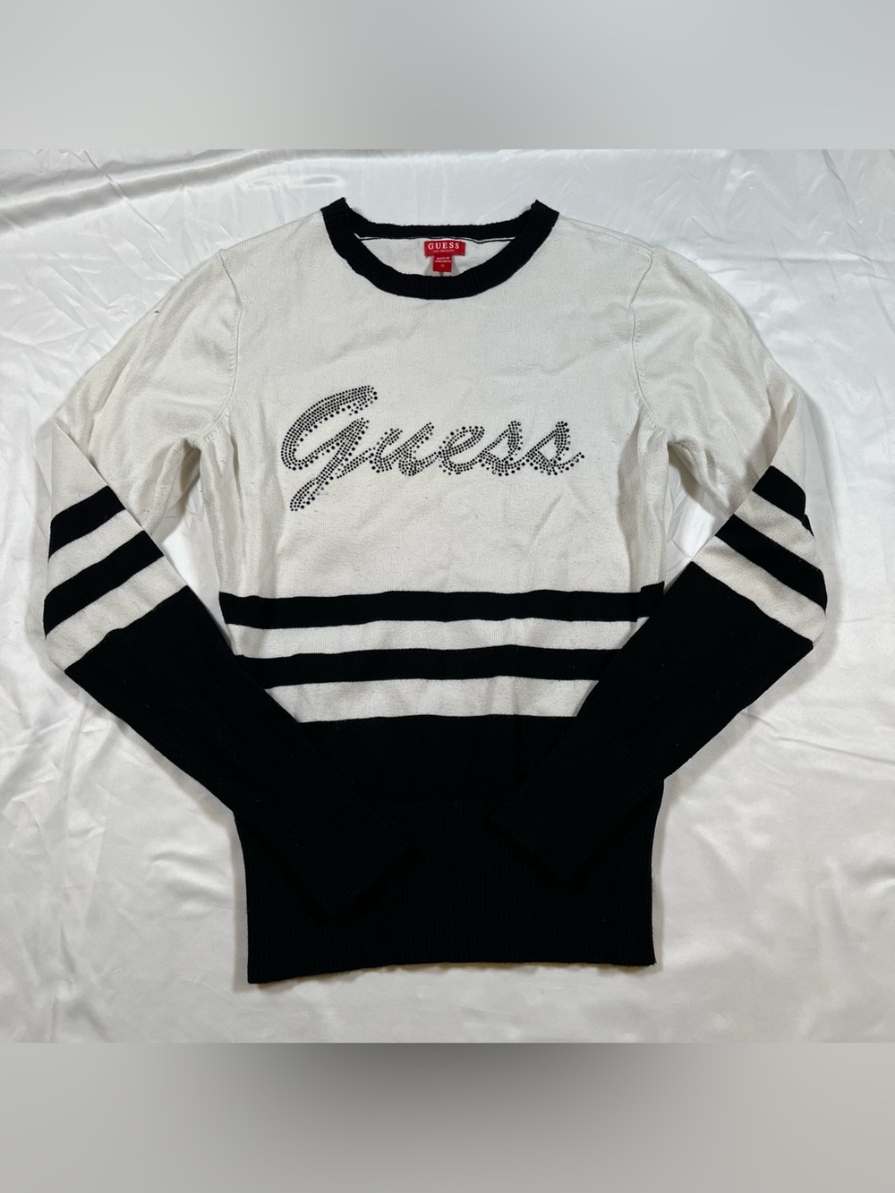 Guess Sweater Top Womens S Long Sleeve Stripe Rhinestone Logo Vintage‎ Y2K